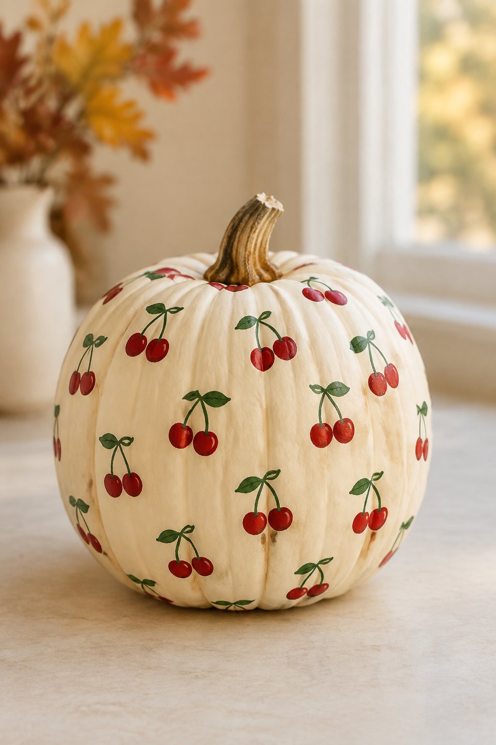 Cherry Print Pumpkin - aesthetic painted pumpkin ideas