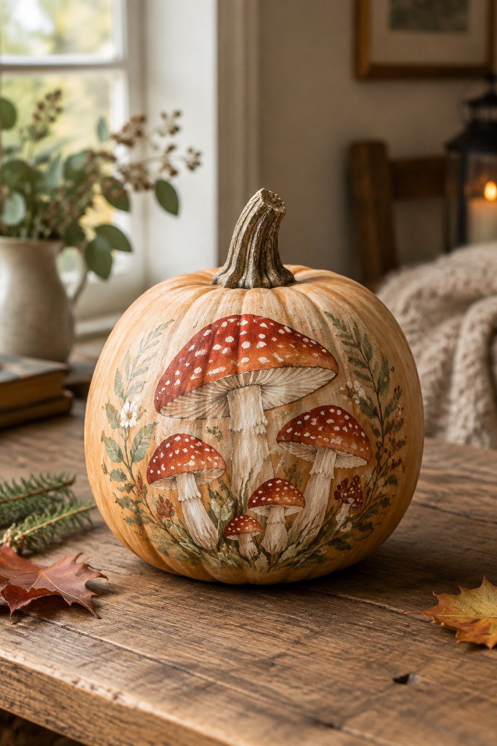 Mushroom Cottagecore Pumpkin - aesthetic painted pumpkin ideas