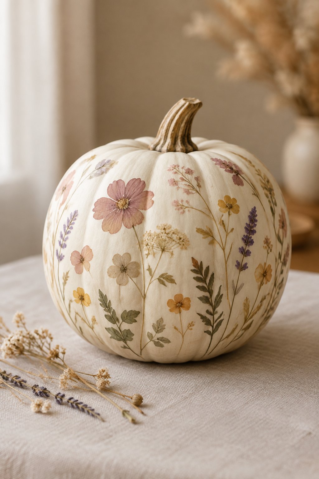 Pressed Flower Look Pumpkin - aesthetic painted pumpkin ideas