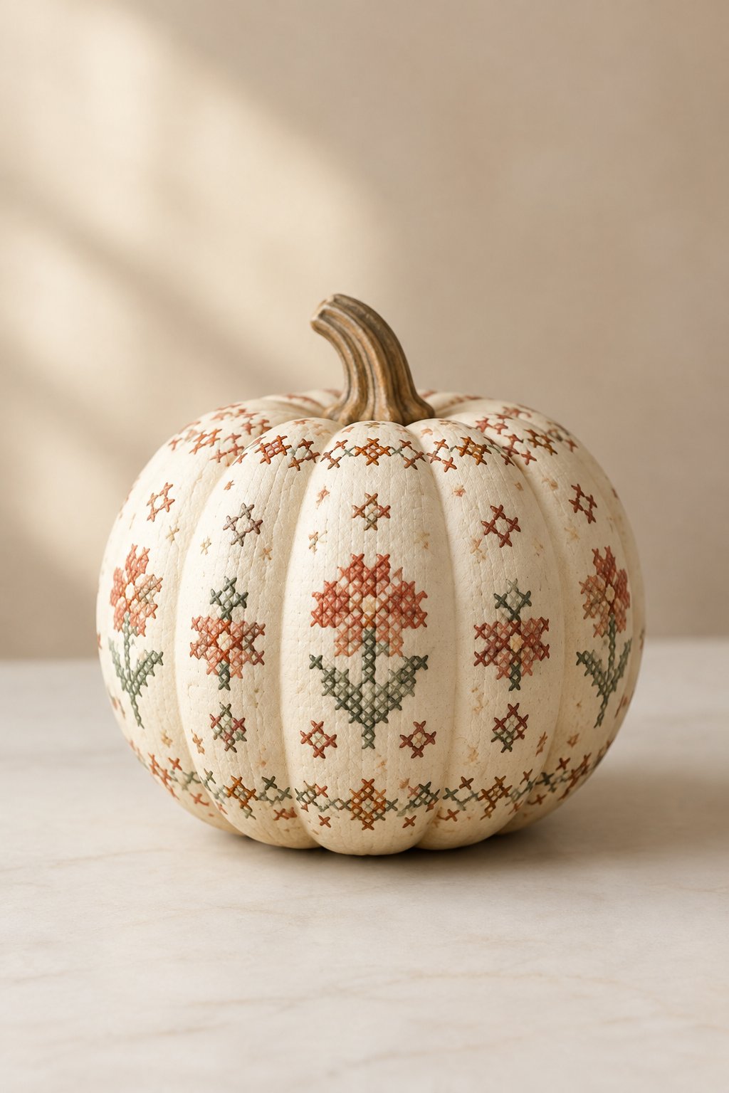 Cross-Stitch Look Pumpkin - aesthetic painted pumpkin ideas