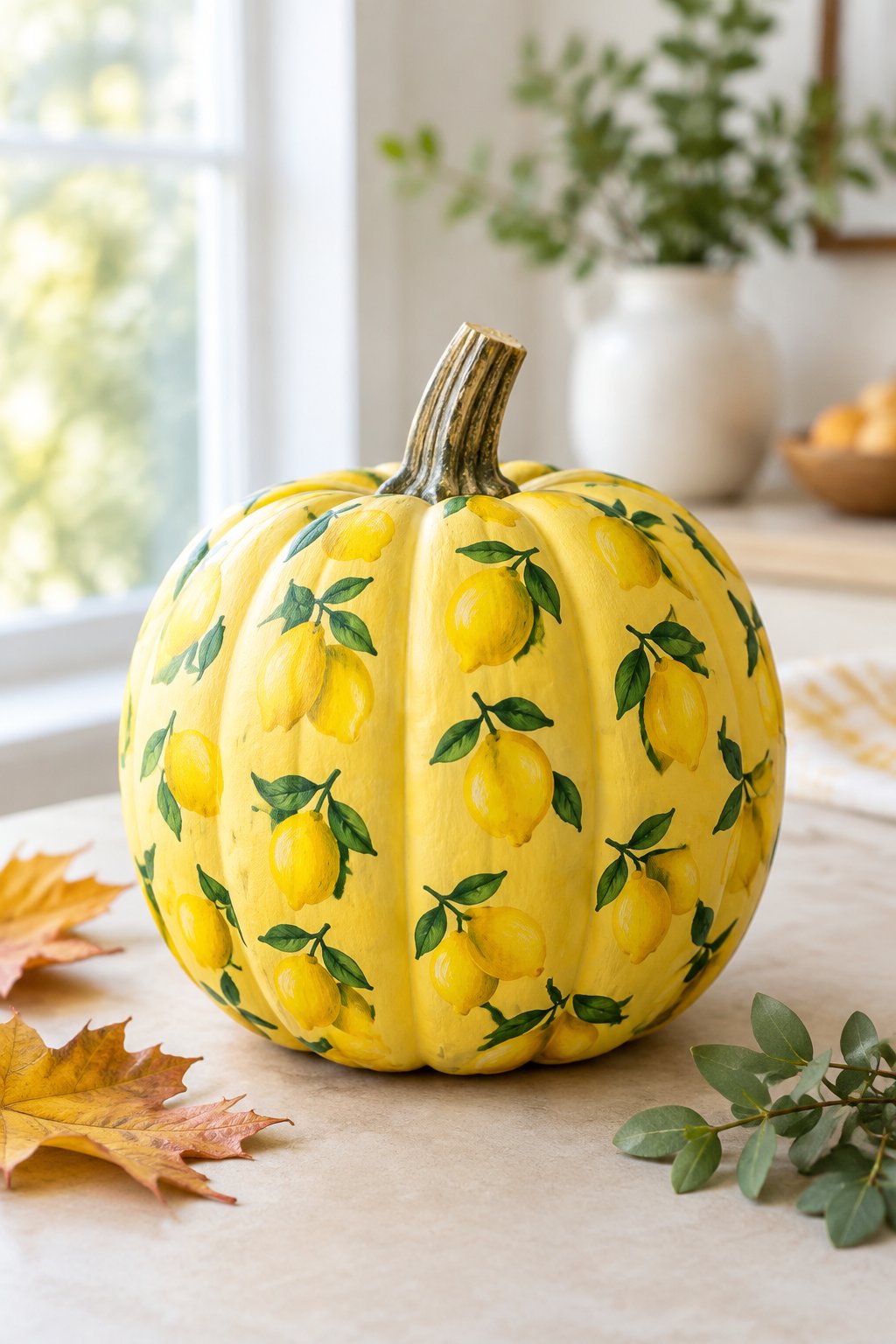 Lemon Print Pumpkin - aesthetic painted pumpkin ideas