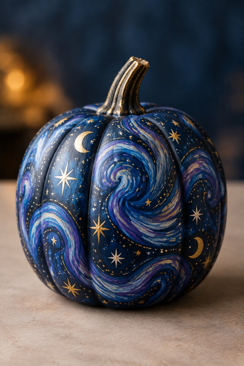 Starry Night Swirl Pumpkin - aesthetic painted pumpkin ideas