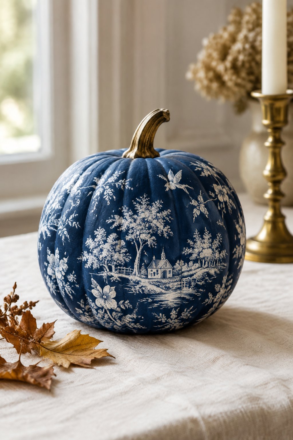 Blue Toile Pumpkin - aesthetic painted pumpkin ideas