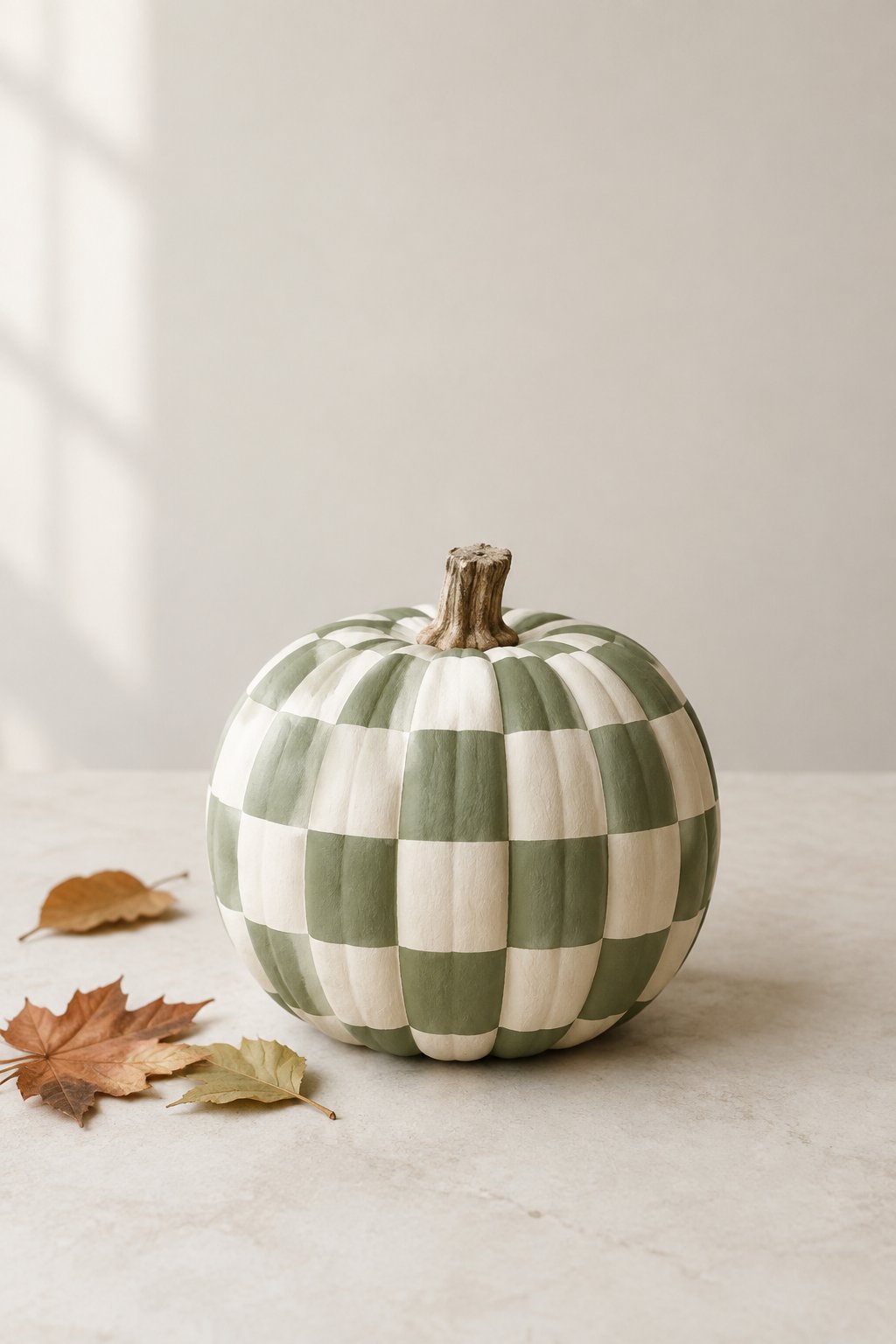 Sage Checkerboard Pumpkin - aesthetic painted pumpkin ideas