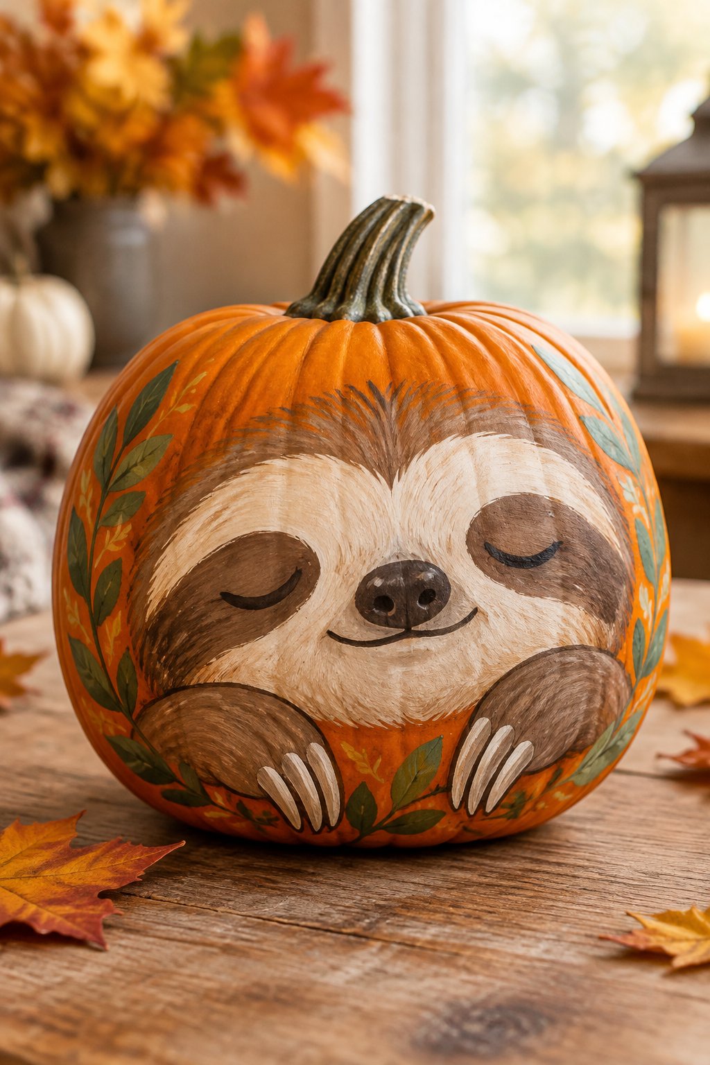 Sleepy Sloth Pumpkin - animal painted pumpkins