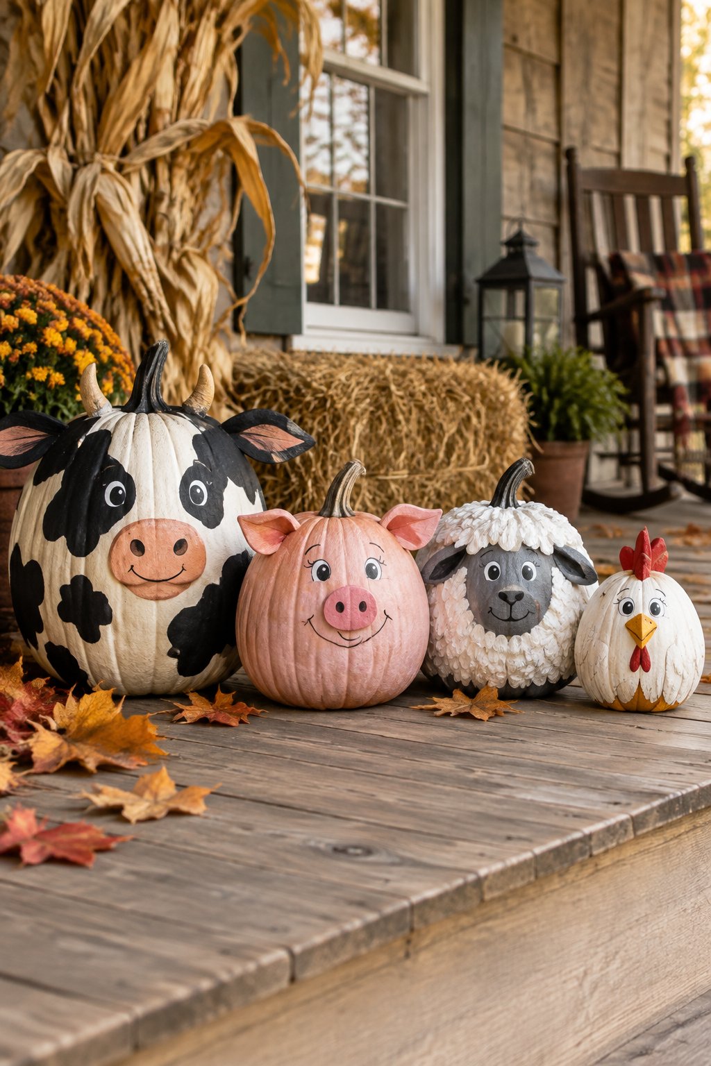 Farm Animal Porch Row - animal painted pumpkins