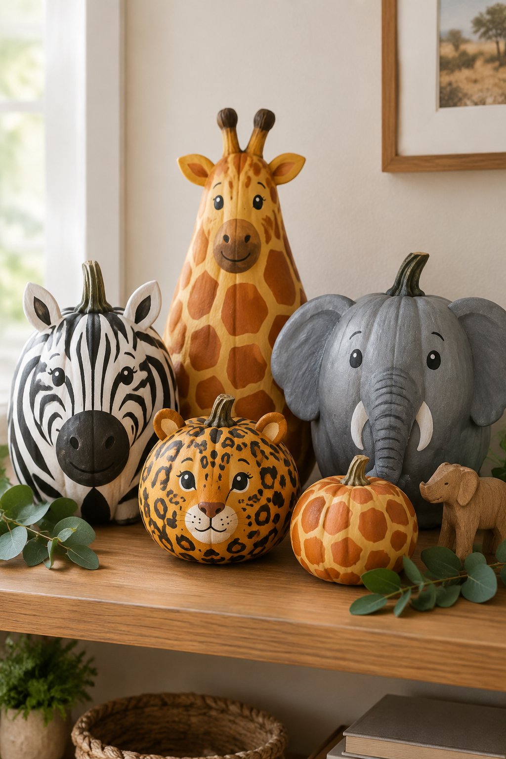 Safari Shelf Display Pumpkins - animal painted pumpkins
