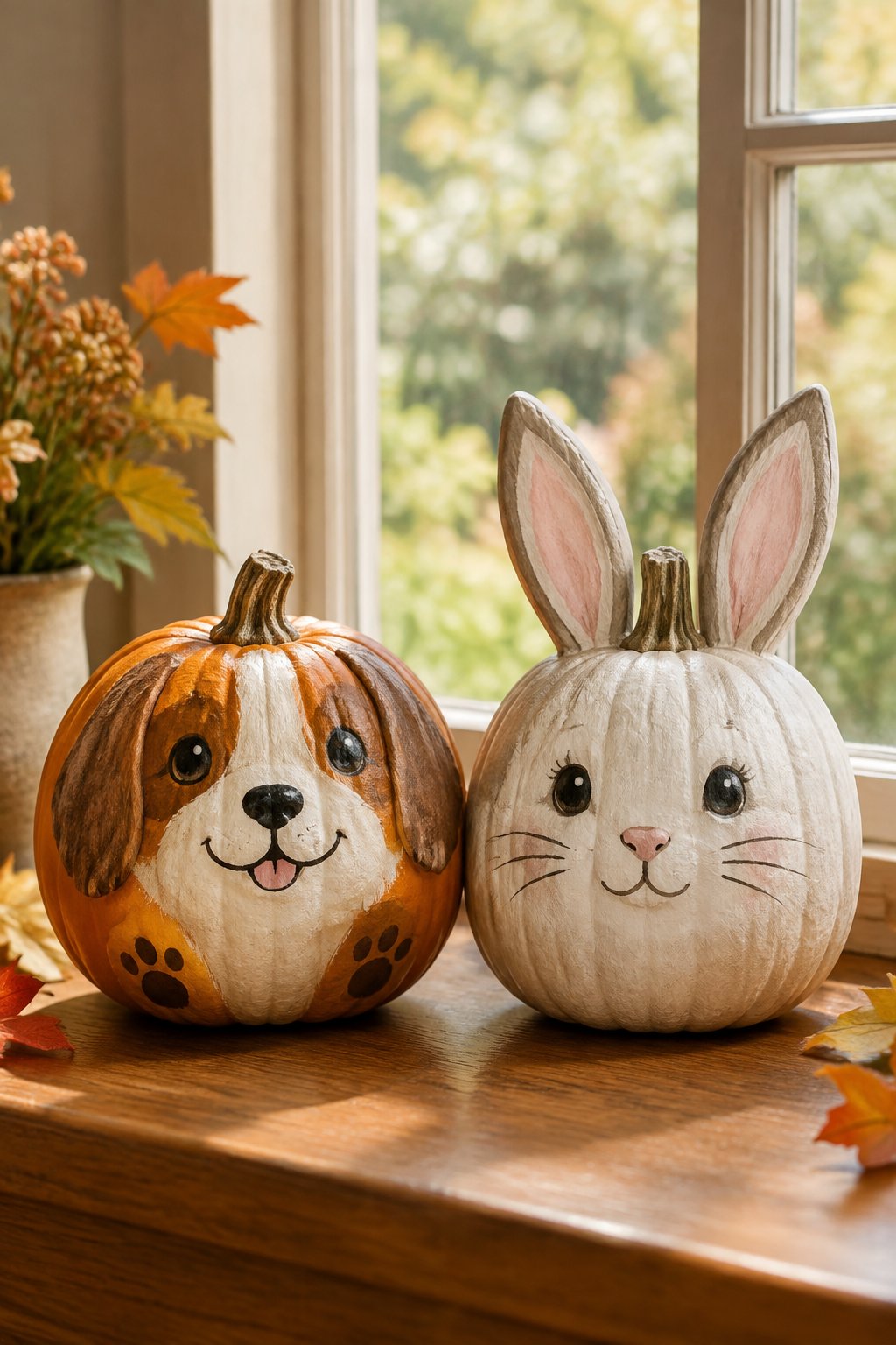 Puppy and Bunny Windowsill Scene - animal painted pumpkins