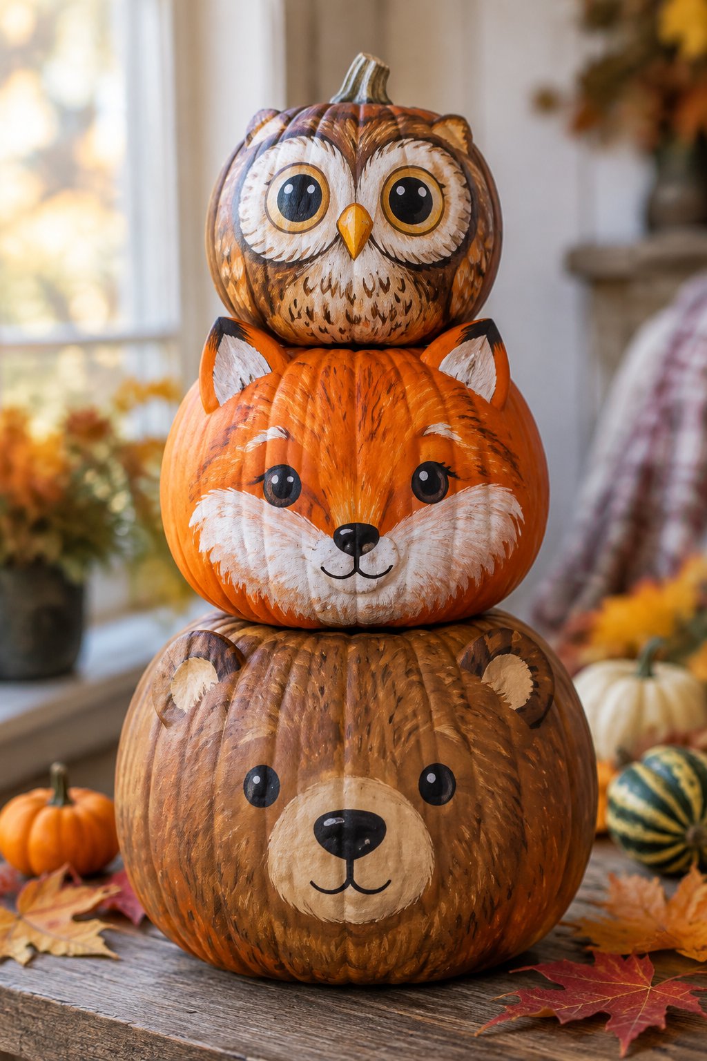 Stacked Animal Face Pumpkins - animal painted pumpkins