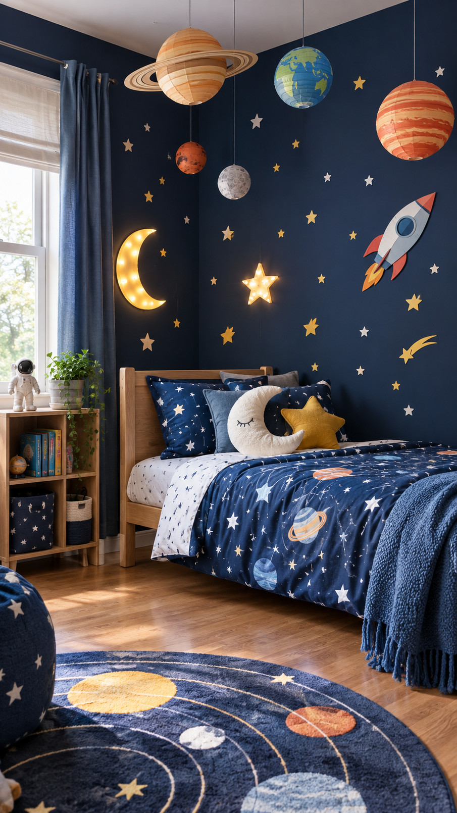 A child's bed dressed in astronaut bedding with navy rocket and planet patterns in a galaxy-themed bedroom.