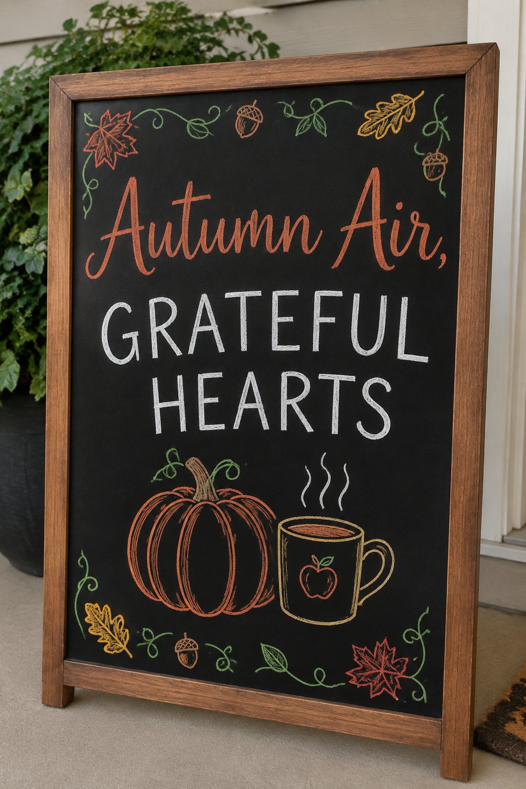 Autumn Air Sign: a framed Thanksgiving chalkboard sign reading "Autumn Air, Grateful Hearts", hand-drawn in chalk with a pumpkin beside a steaming mug of cider.