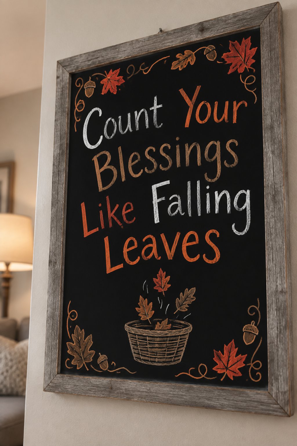 Autumn Blessing Board: a fall chalkboard sign reading "Count Your Blessings Like Falling Leaves", hand-drawn in chalk with a small basket catching a few falling leaves, no people.
