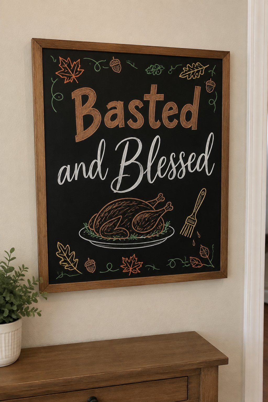 Basted and Blessed: a framed Thanksgiving chalkboard sign reading "Basted and Blessed", hand-drawn in chalk with a roasted turkey on a platter with a basting brush drawn beside it.