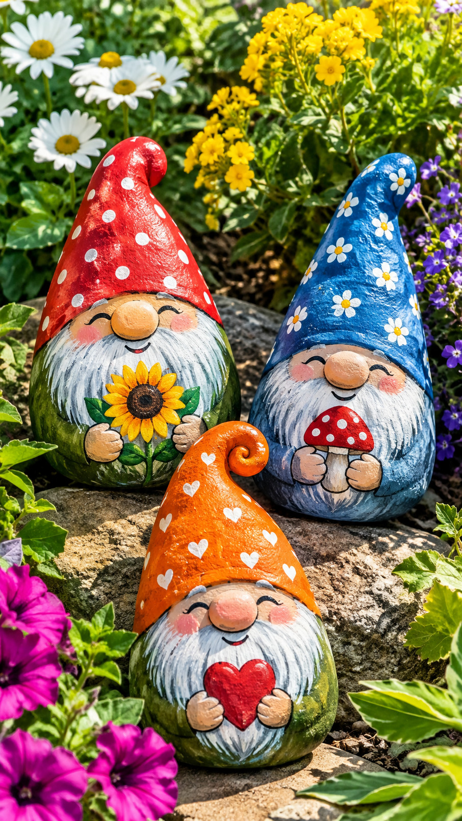 A beach gnome painted rock with a blue outfit, sandy-yellow hat, seashells, and ocean waves.
