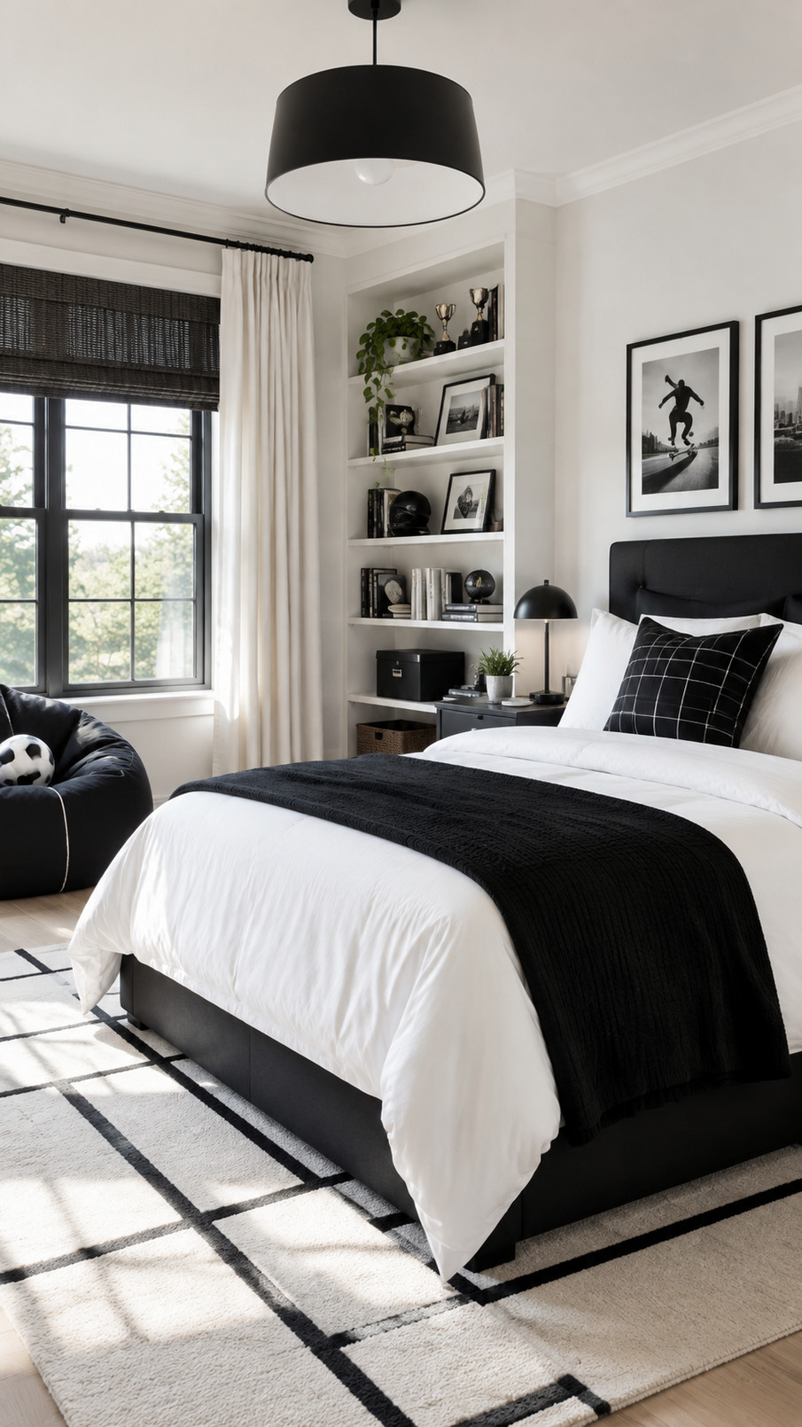 Black pendant light hanging above a modern black and white boys' bedroom.