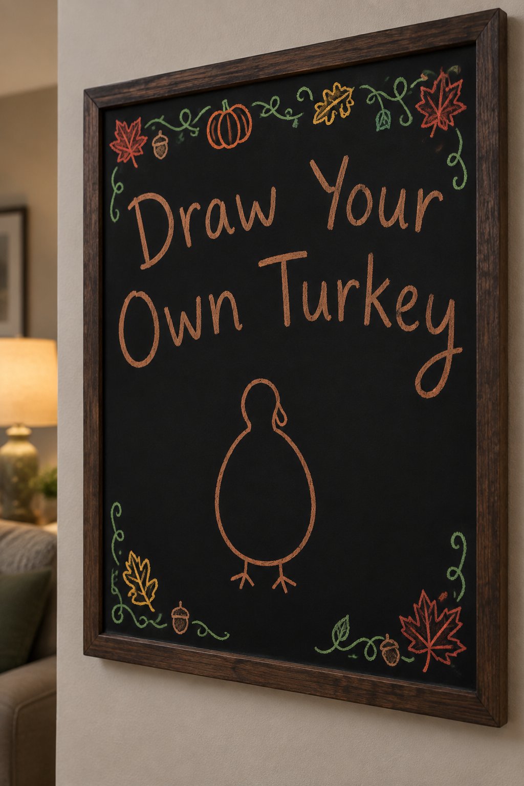 Blank Turkey Board: a framed Thanksgiving chalkboard sign reading "Draw Your Own Turkey", hand-drawn in chalk with a plain oval turkey body with empty space left for tail feathers.