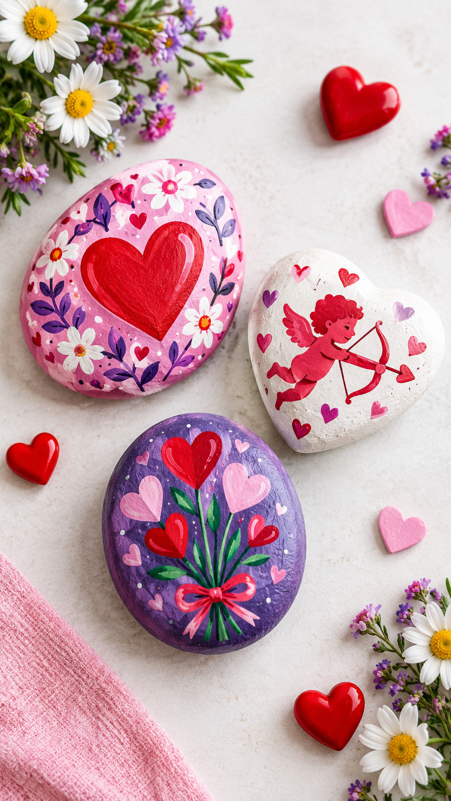 A painted Valentine's Day rock showing a brown bear with rosy cheeks holding a bright pink heart beside tiny red blossoms.