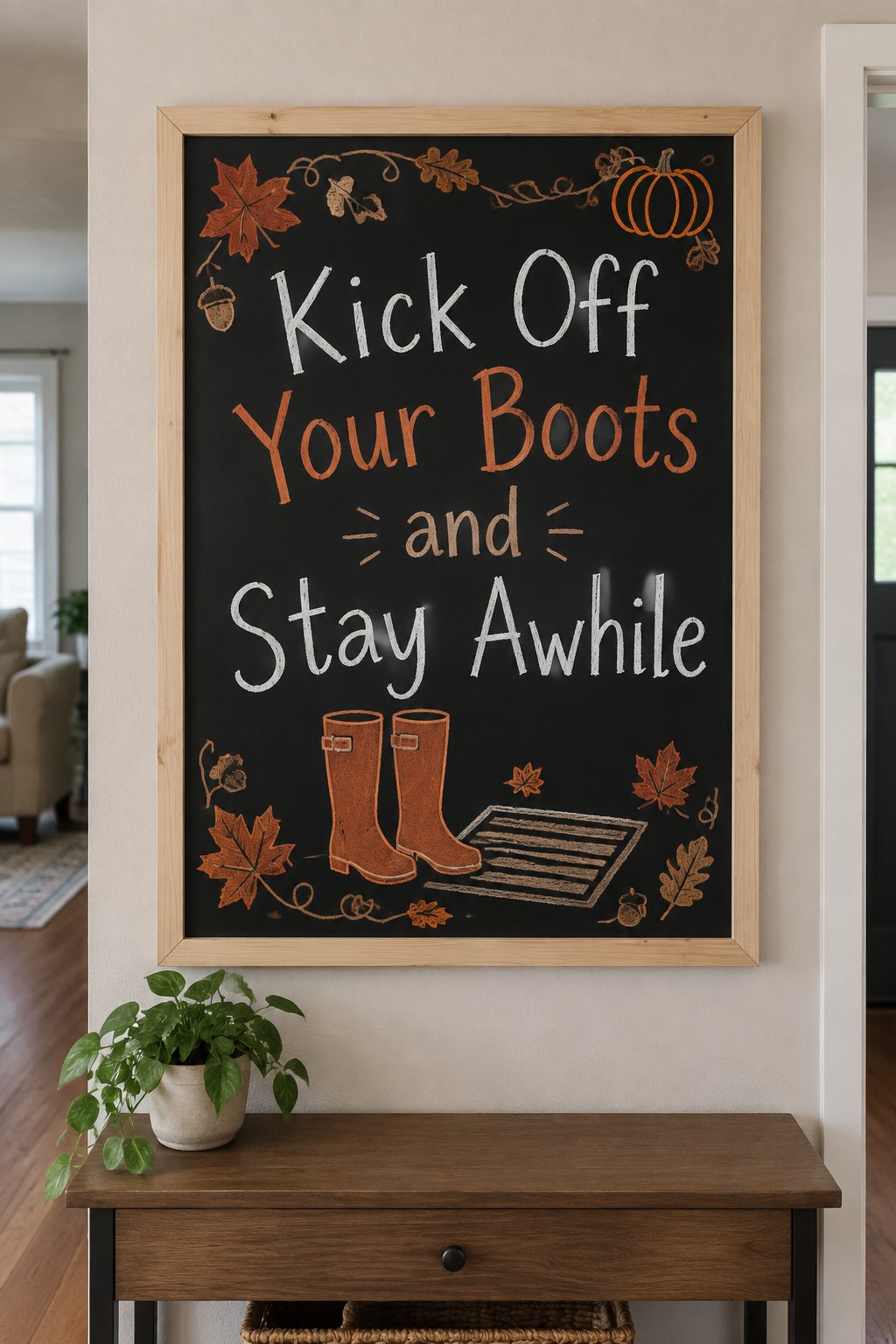 Boots by the Door: a fall chalkboard sign reading "Kick Off Your Boots and Stay Awhile", hand-drawn in chalk with a pair of rain boots by a welcome mat with scattered leaves, no people.