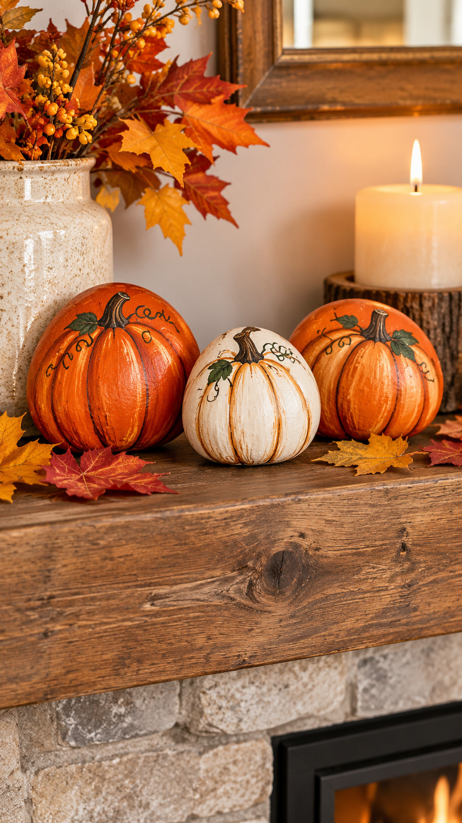 Two painted pumpkin rocks with orange faces, green stems, and golden details displayed beside autumn foliage and candles.