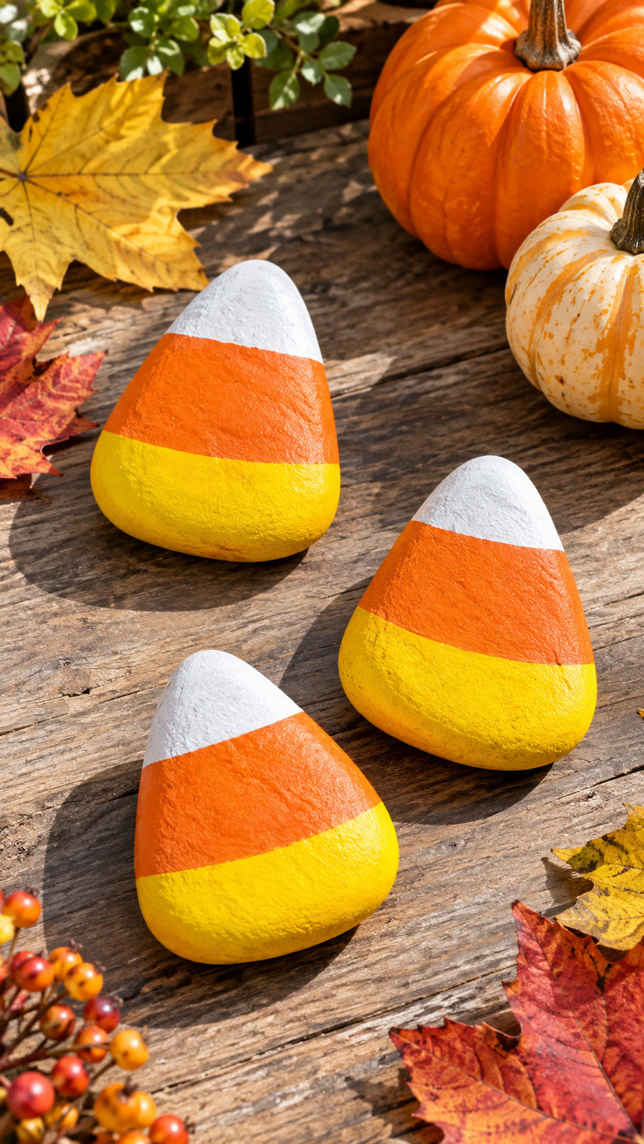 Painted candy corn scarecrow rock with a tiny straw hat, stitched smile, and bright yellow, orange, and white stripes.