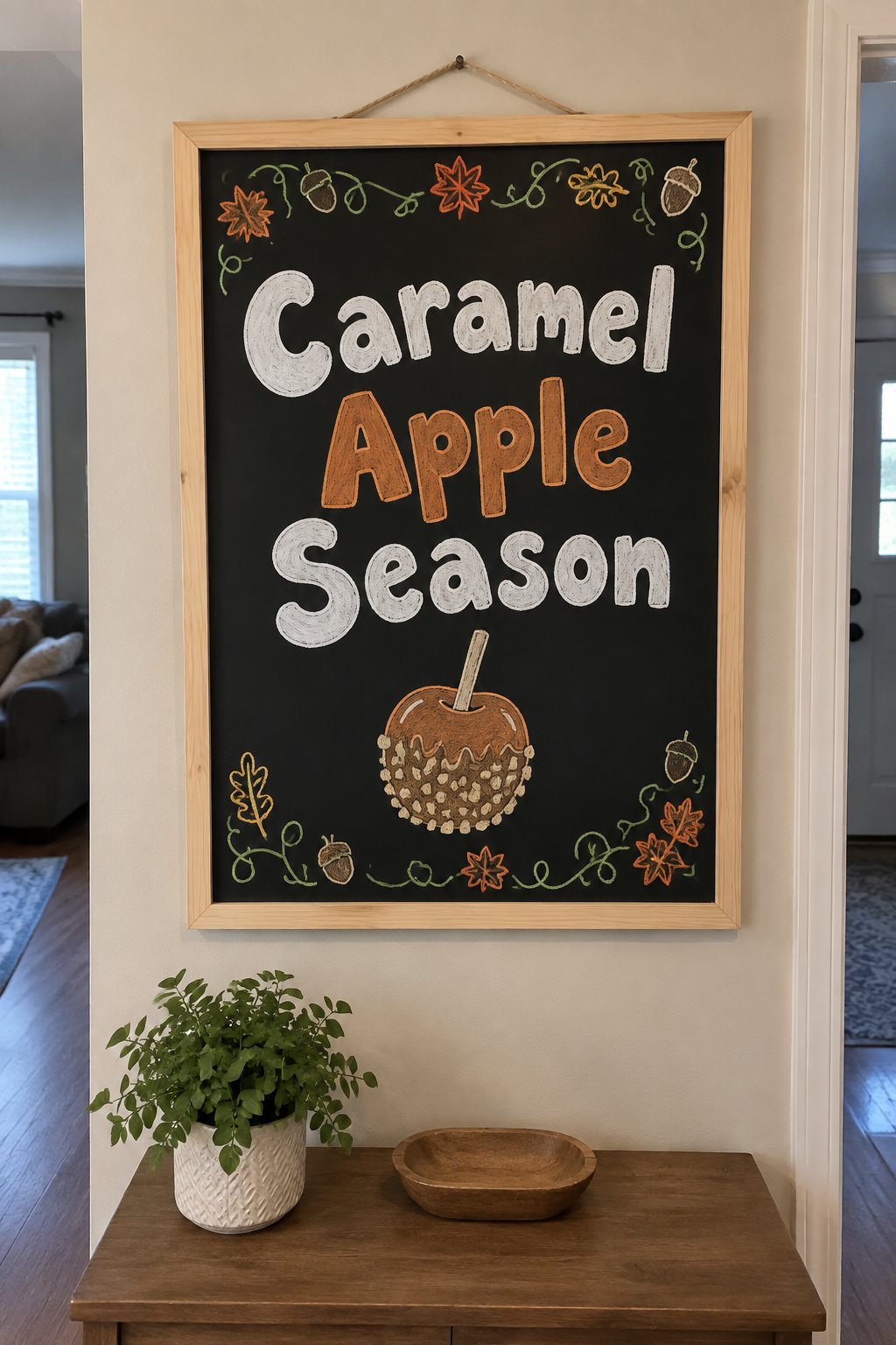 Caramel Apple Stand: a fall chalkboard sign reading "Caramel Apple Season", hand-drawn in chalk with a caramel apple on a stick drizzled with chopped nuts, no people.