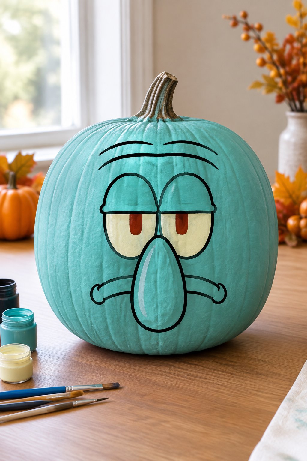 Squidward Teal Pumpkin - character pumpkin painting ideas