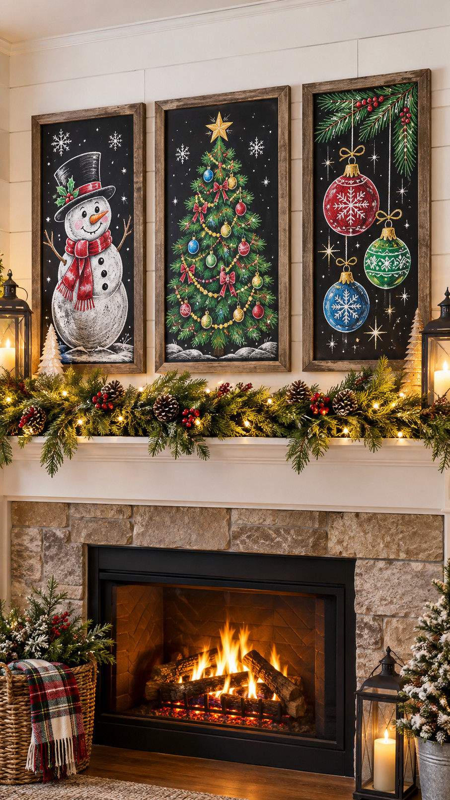 Chalkboard art featuring a cheerful snowman wearing a scarf and winter hat, surrounded by snowflakes and frosty blue accents.