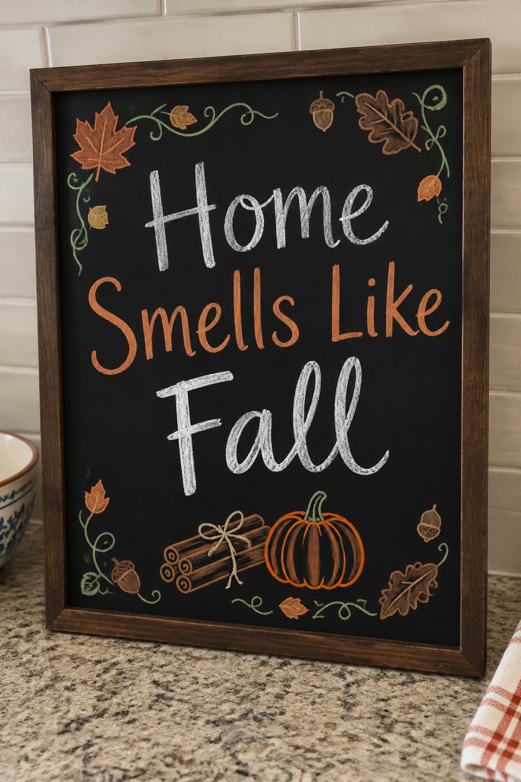 Cinnamon Stick Bundle: a fall chalkboard sign reading "Home Smells Like Fall", hand-drawn in chalk with a bundle of cinnamon sticks tied with twine beside a small pumpkin, no people.