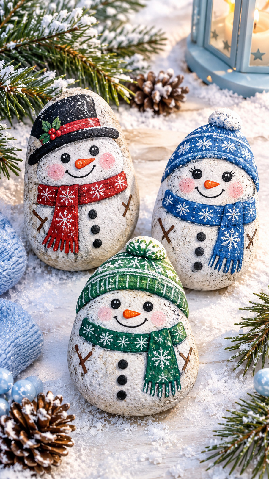 Painted rock snowman holding a cocoa cup with rosy cheeks, blue accents, and marshmallow details.