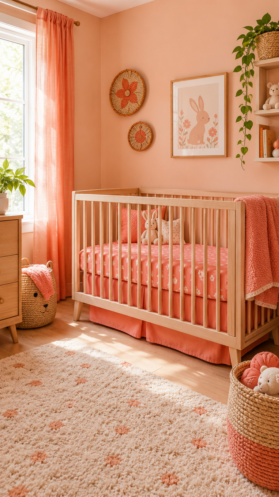 Coral floral mobile with soft flower shapes hanging above a crib in a peach-toned nursery.