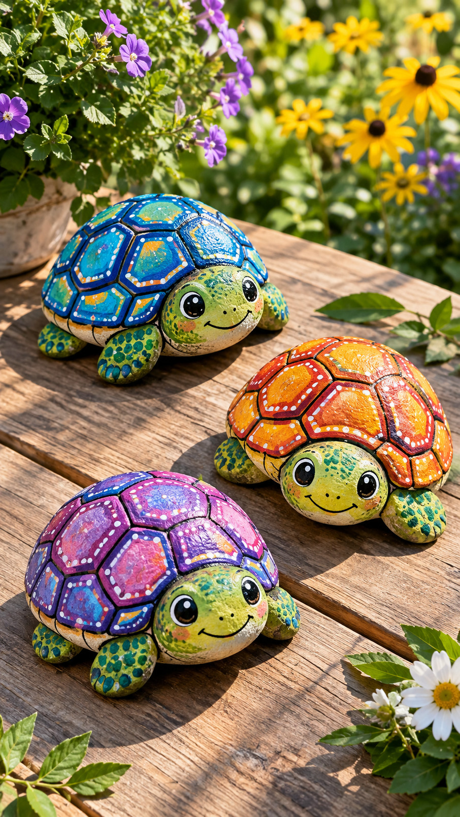 A turtle painted rock with a coral-orange shell, aqua flippers, cream accents, and a soft blue background.