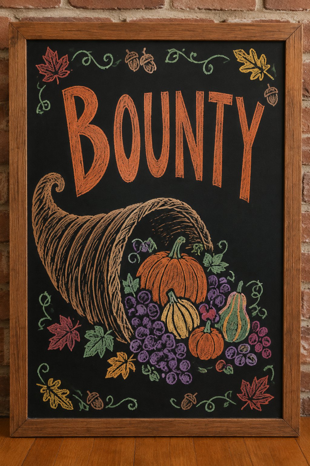 Cornucopia Bounty: a framed Thanksgiving chalkboard sign reading "Bounty", hand-drawn in chalk with one large overflowing cornucopia filling most of the board, bigger than the word.