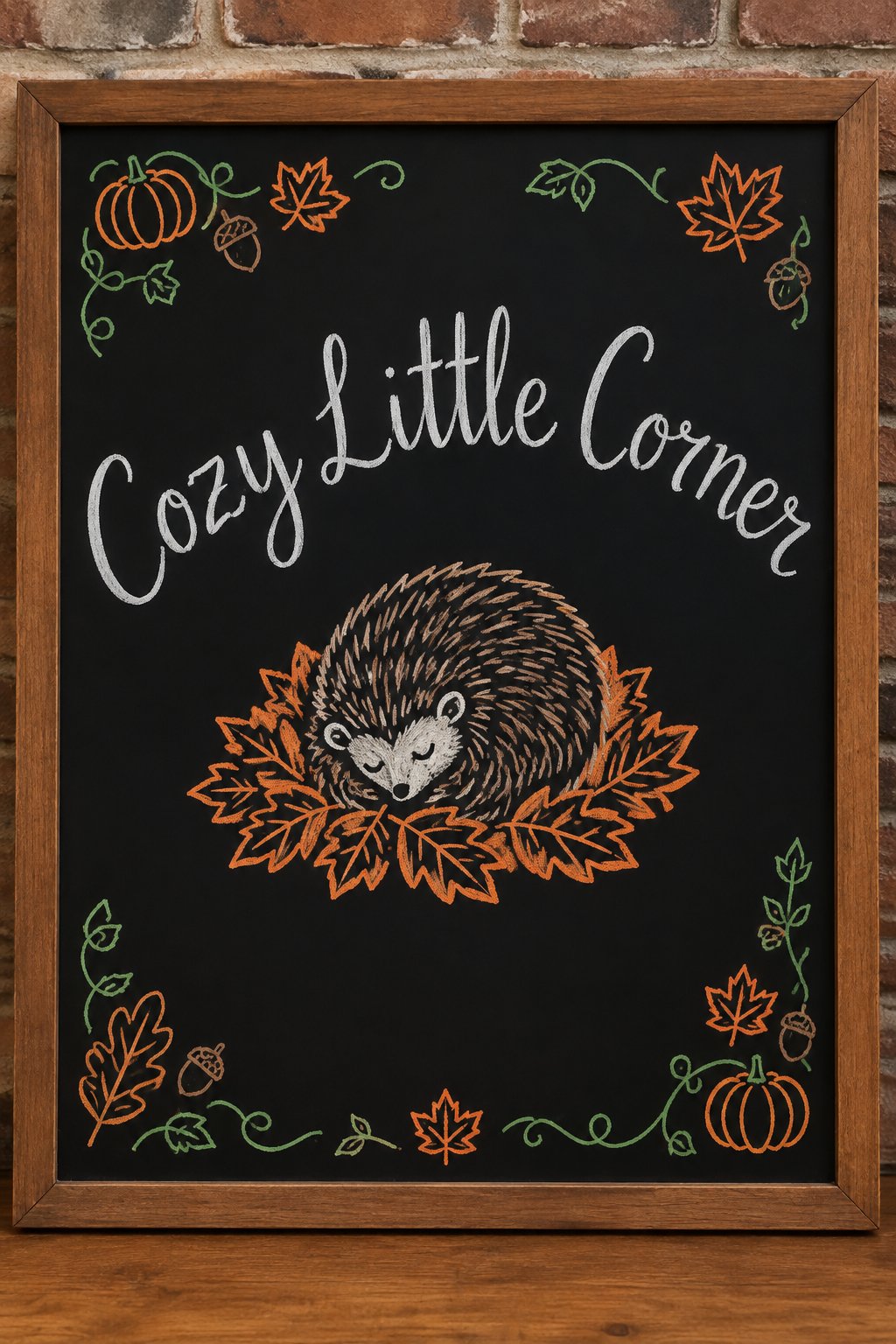 Cozy Hedgehog Corner: a fall chalkboard sign reading "Cozy Little Corner", hand-drawn in chalk with a hedgehog curled up in a pile of orange leaves, no people.