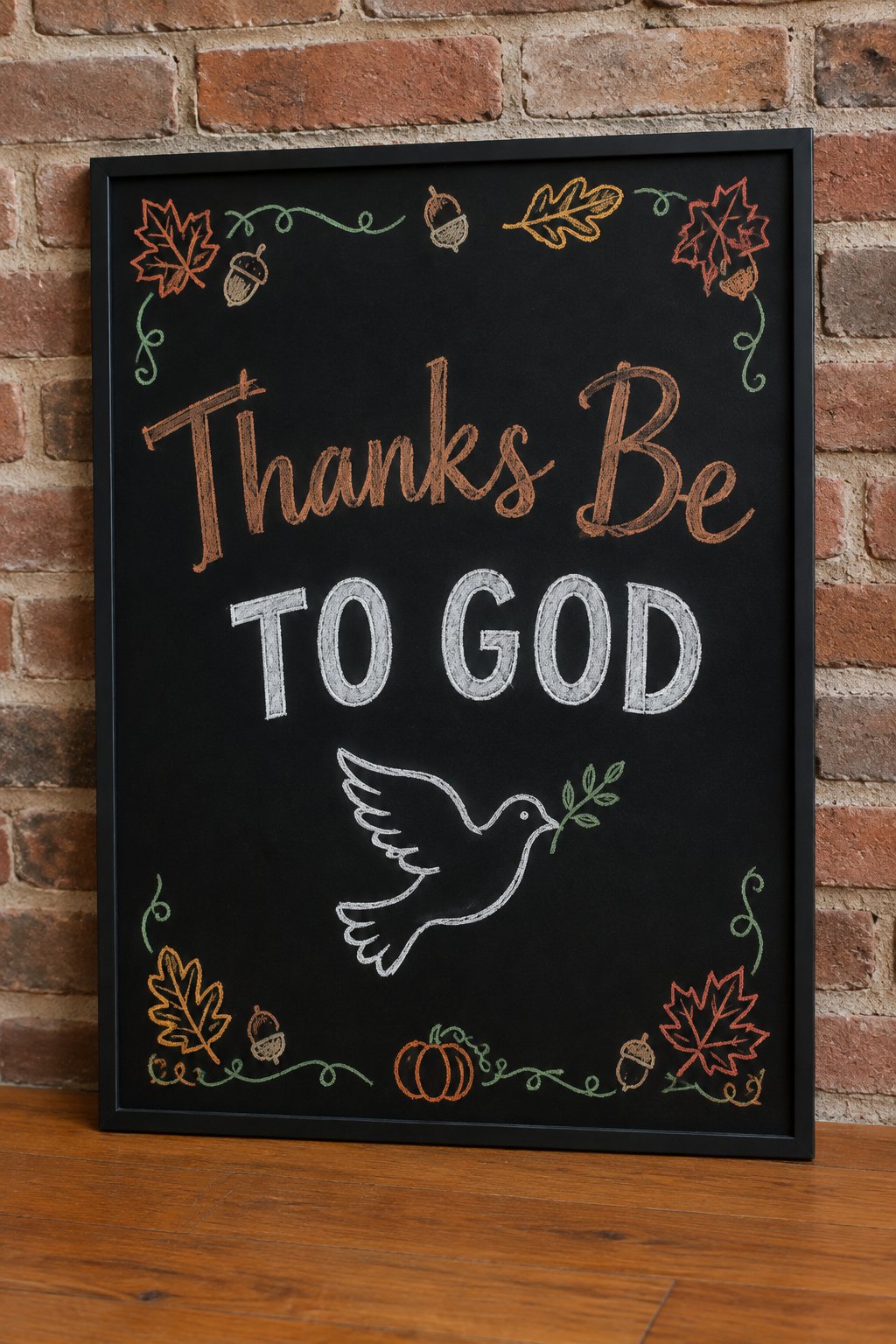 Dove of Thanks: a framed Thanksgiving chalkboard sign reading "Thanks Be to God", hand-drawn in chalk with a dove carrying a small olive branch.