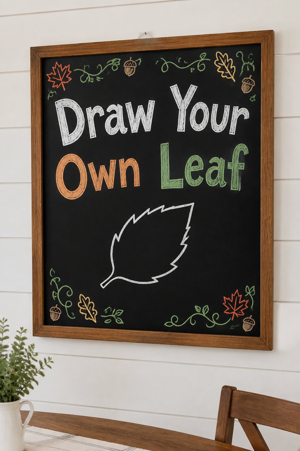 Draw Your Own Leaf Board: a fall chalkboard sign reading "Draw Your Own Leaf", hand-drawn in chalk with a plain leaf outline left empty for kids to color in, no people.