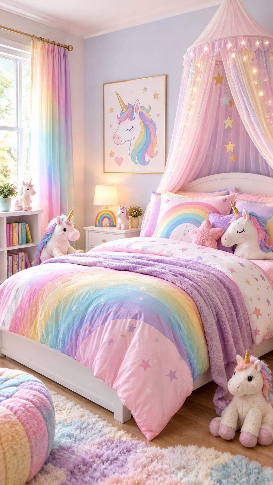 A blush pink and lavender unicorn bed canopy with star details creates a whimsical focal point in a child's bedroom.