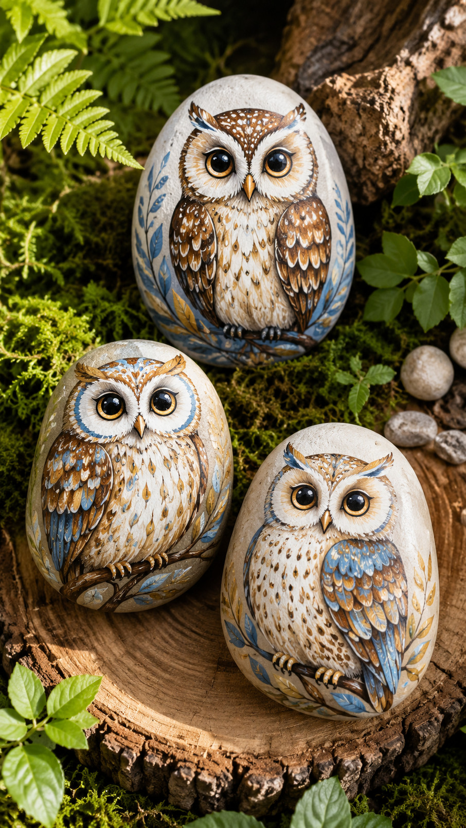 A eucalyptus owl painted rock with sage and dusty blue feathers, silvery leaves, and a peaceful botanical design.