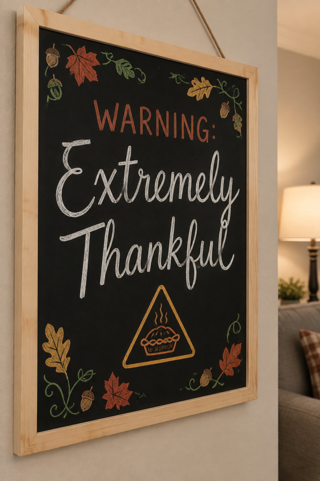 Extremely Thankful Warning: a framed Thanksgiving chalkboard sign reading "Warning: Extremely Thankful", hand-drawn in chalk with a caution-triangle shape with a small pie drawn inside it.