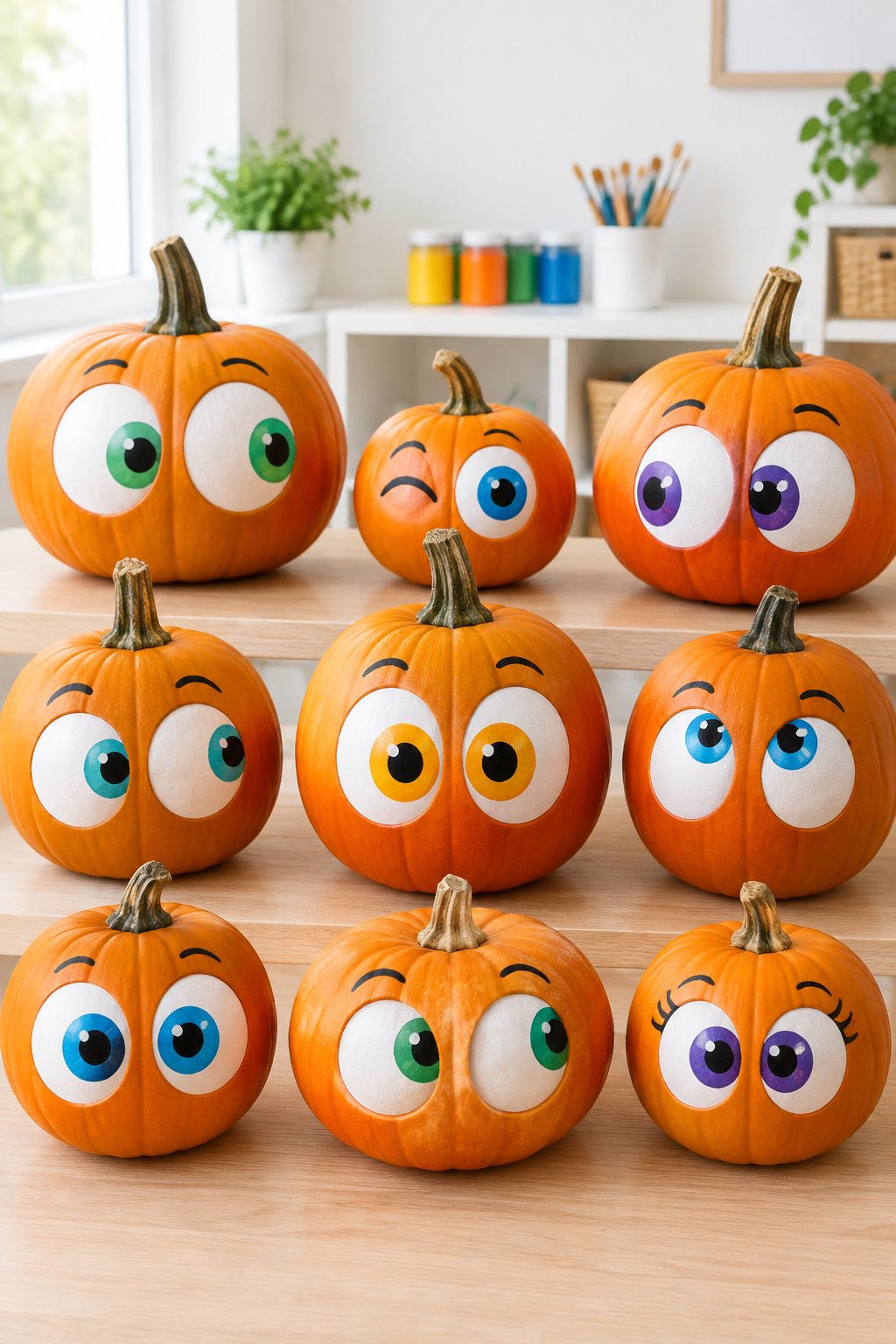 Rows of Silly Eyes - eyeball pumpkin painting