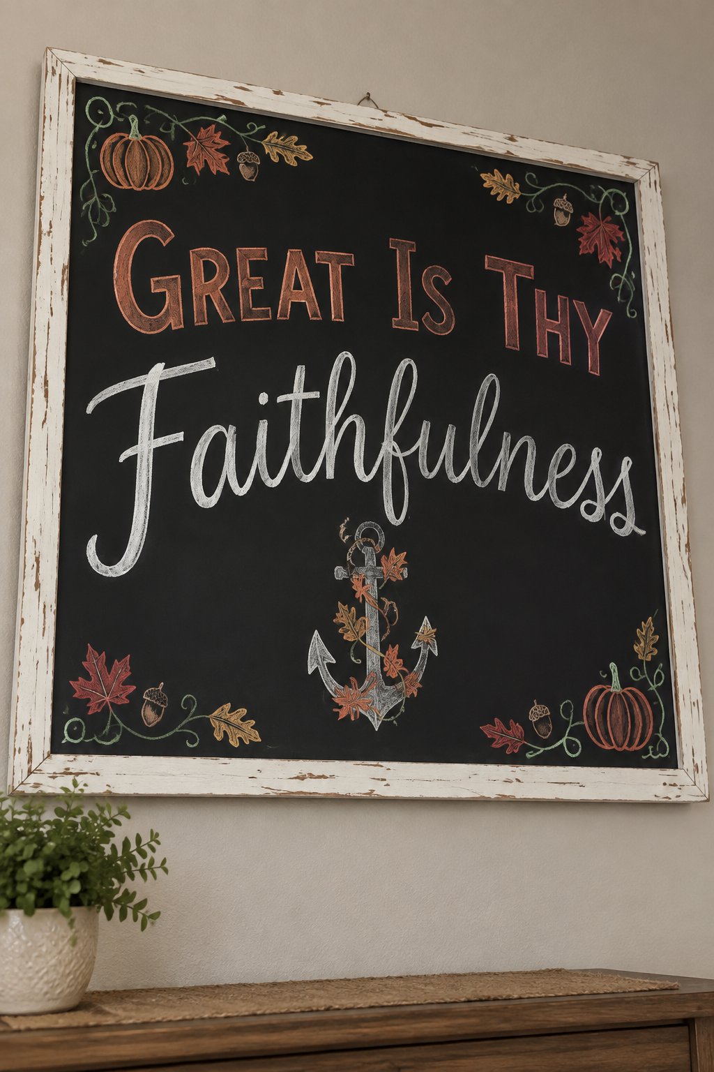 Faithfulness Anchor: a framed Thanksgiving chalkboard sign reading "Great Is Thy Faithfulness", hand-drawn in chalk with a small anchor wrapped in autumn leaves.