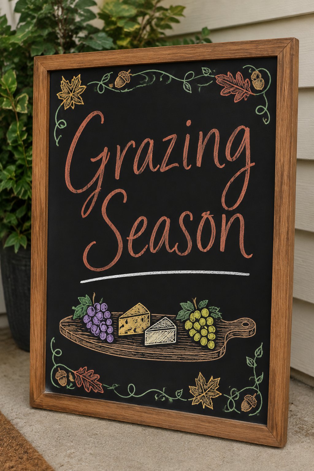 Fall Grazing Board: a fall chalkboard sign reading "Grazing Season", hand-drawn in chalk with a wooden board with grape clusters and small cheese wedges, no people.