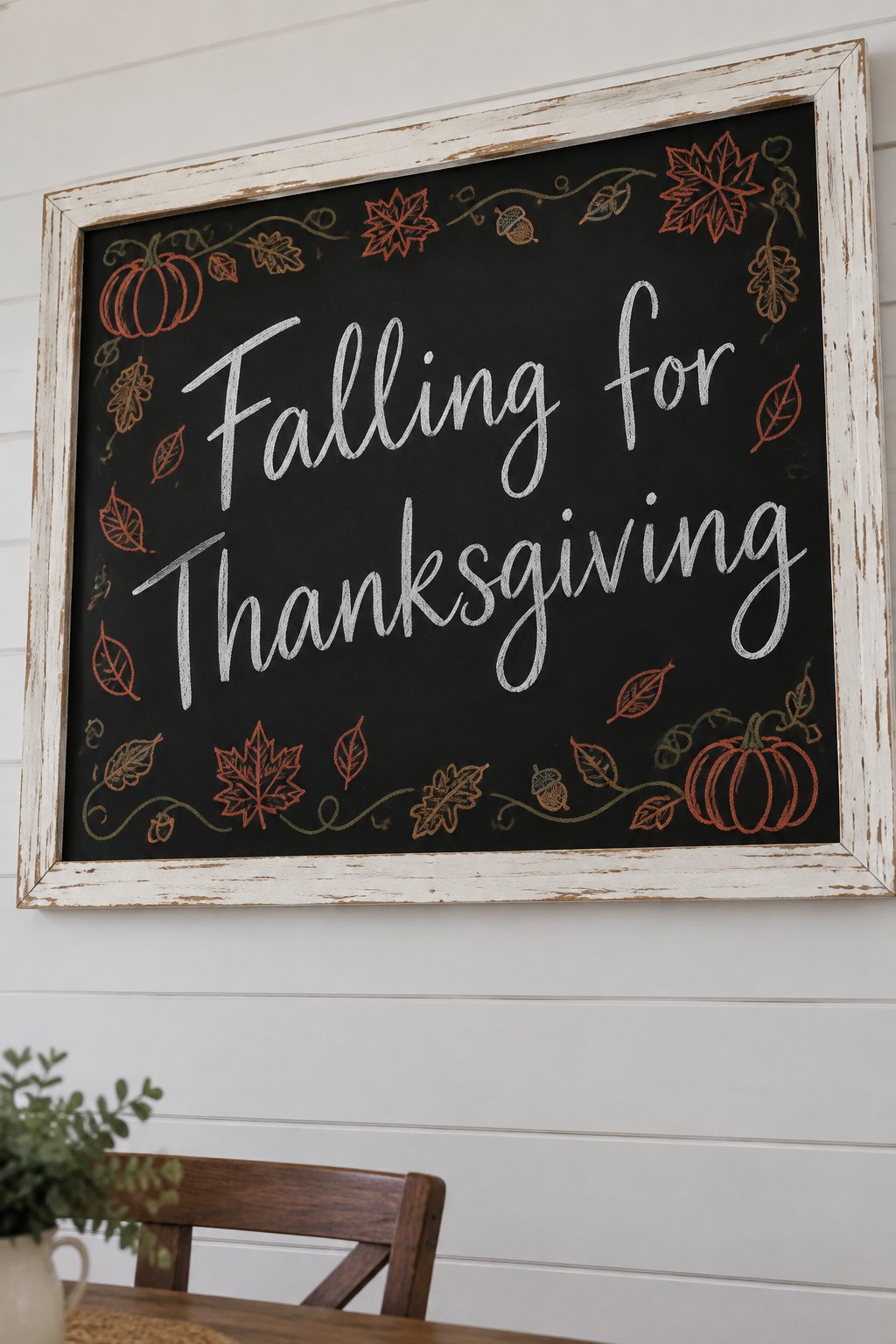 Falling for Thanksgiving: a framed Thanksgiving chalkboard sign reading "Falling for Thanksgiving", hand-drawn in chalk with a swirl of falling leaves around the border.