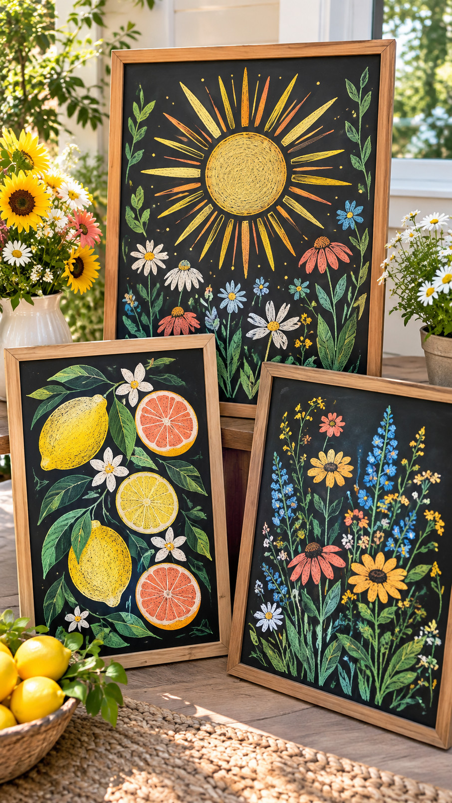 A June chalkboard design with golden fireflies, green leaves, and dusky blue accents creating a magical early-summer evening scene.