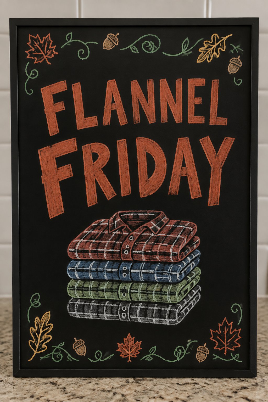Flannel Friday Fun: a fall chalkboard sign reading "Flannel Friday", hand-drawn in chalk with a stack of folded flannel shirts in a pile, no people.