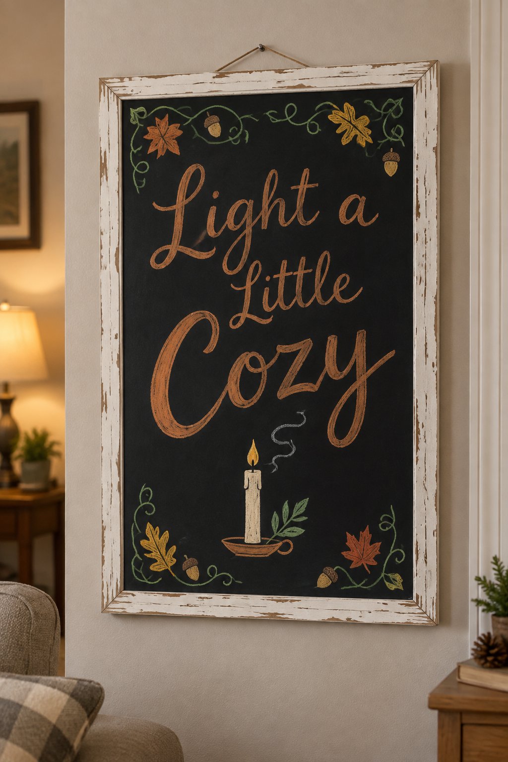 Flickering Candle Sign: a fall chalkboard sign reading "Light a Little Cozy", hand-drawn in chalk with a lit taper candle with a curl of smoke and a small leaf beside it, no people.