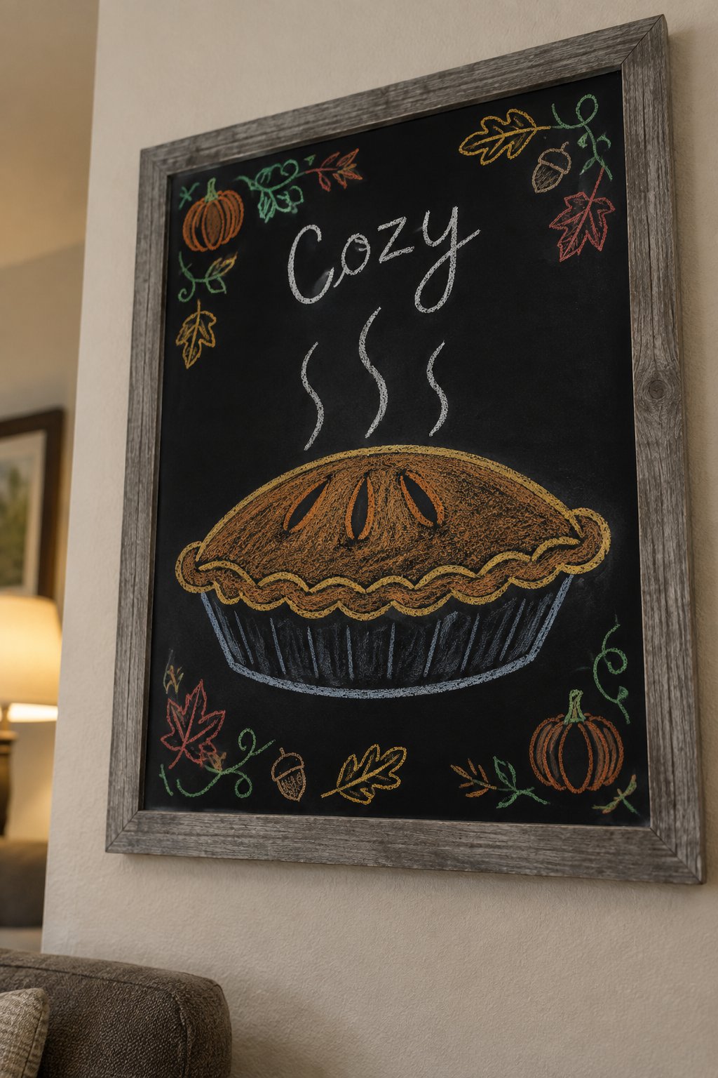 Fresh Baked Pie: a framed Thanksgiving chalkboard sign reading "Cozy", hand-drawn in chalk with one large steaming pie fresh from the oven, bigger than the word.
