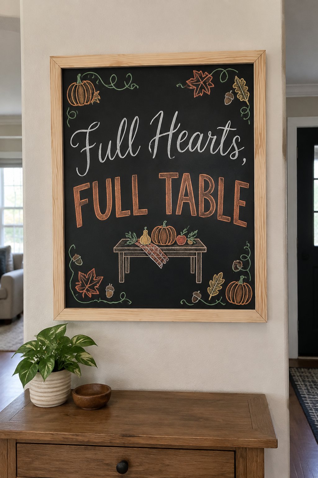 Full Hearts Full Table: a framed Thanksgiving chalkboard sign reading "Full Hearts, Full Table", hand-drawn in chalk with a small harvest table drawn beneath the words.