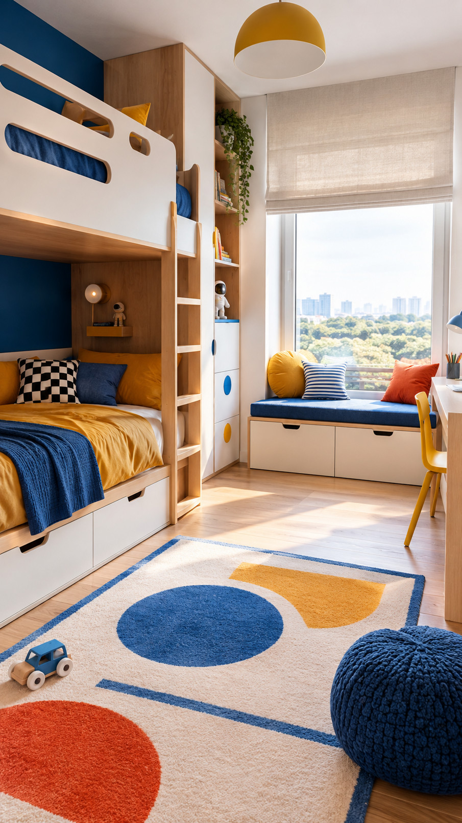 A colorful geometric accent wall with blue, yellow, and coral shapes decorates a modern kids' bedroom.