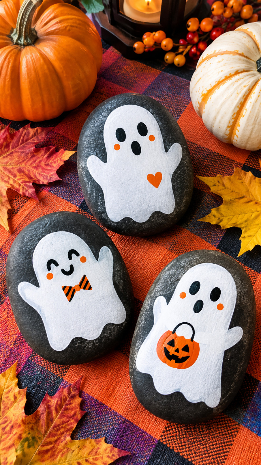 Hand-painted Halloween ghost rocks with white ghost figures, rosy cheeks, and golden stars on deep navy backgrounds.