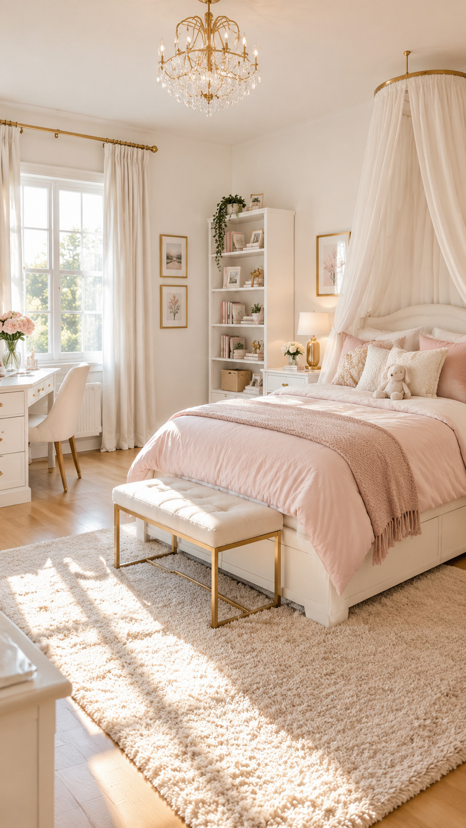 A gold bedside lamp with a warm glow sits beside a white bed in a girl's gold and white bedroom.